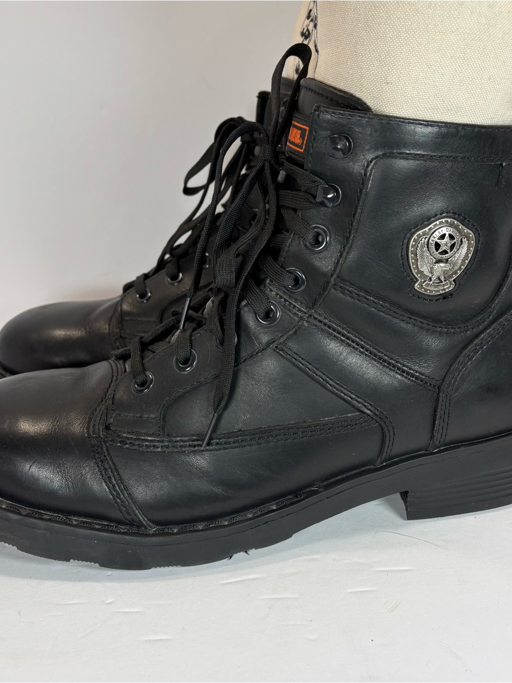 Harley-Davidson Mens Black Leather Biker Boots Silver Eagle Buckle Zip Size 13